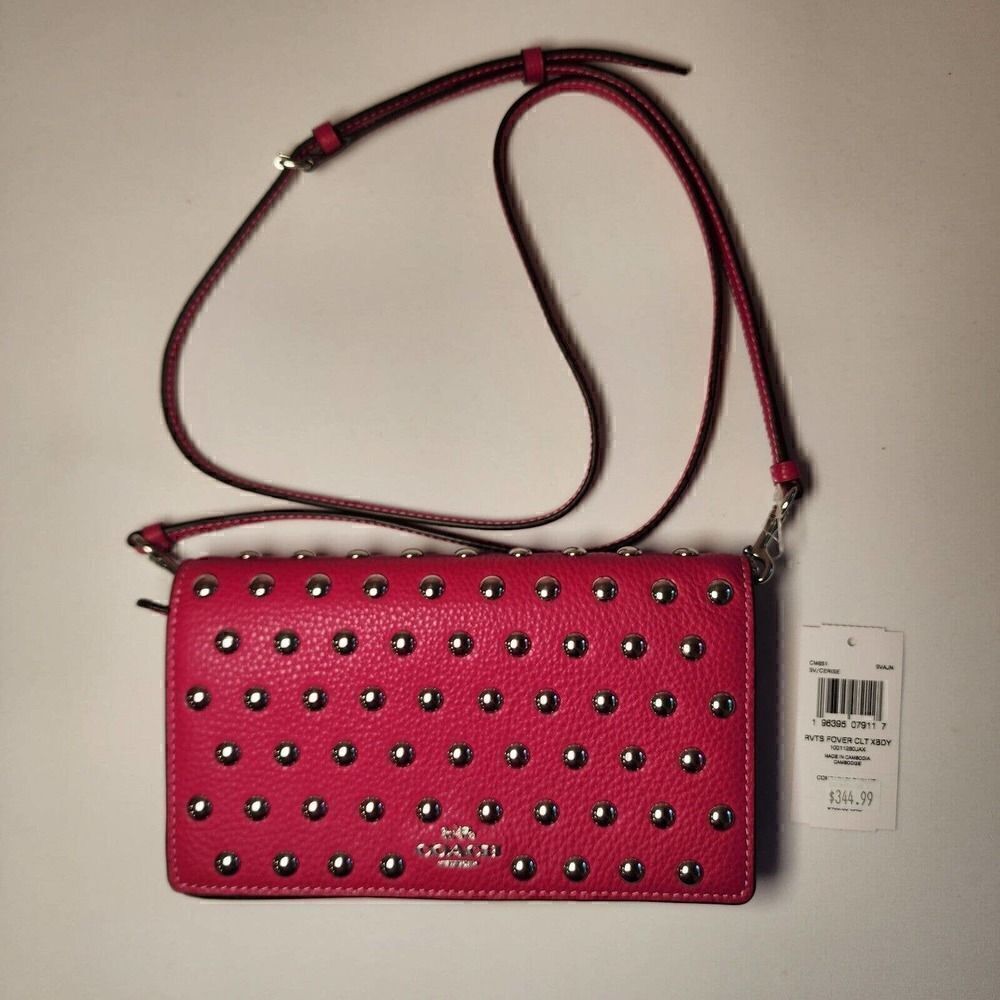NWT Coach CM851 Anna Foldover Clutch Crossbody with Rivets Pebble Cerise Pink